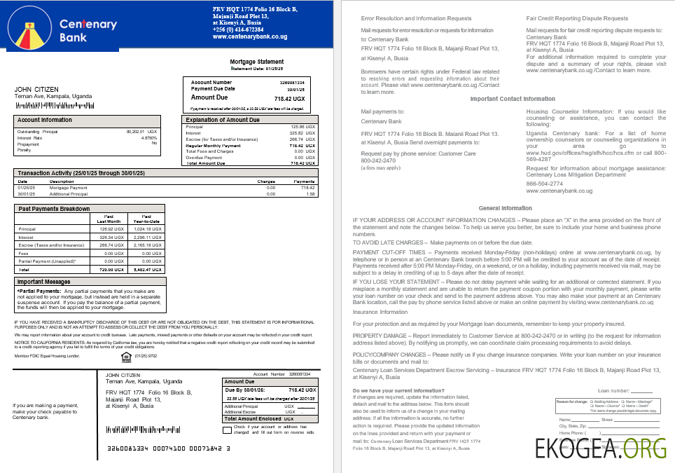 Relevé d'hypothèque bancaire du centenaire de l'Ouganda aux formats Word et PDF